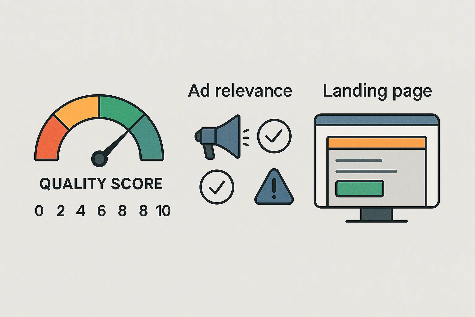 "Flat-style dashboard showing a Quality Score meter and indicators for ad relevance and landing page experience, with no people."