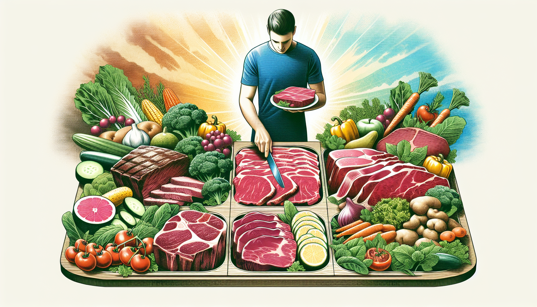 An illustration of a person selecting meat and plant-based foods for a balanced diet