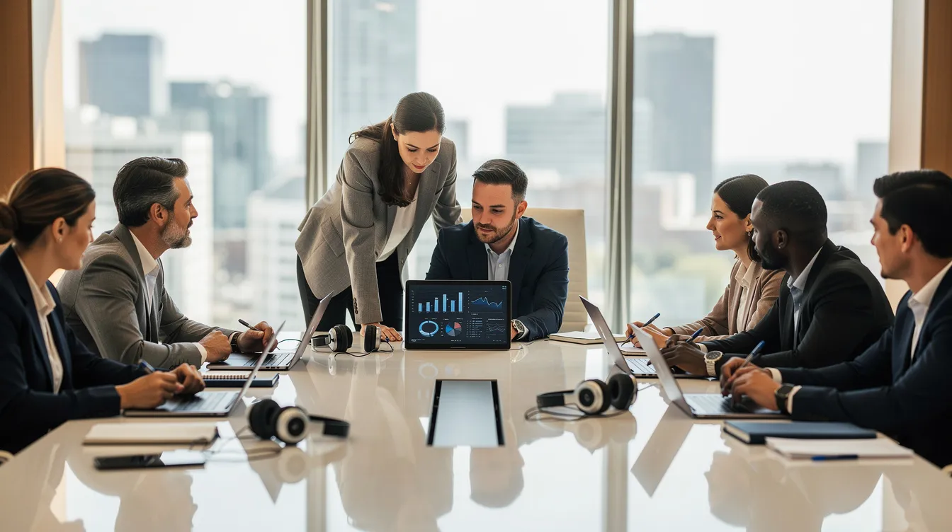 A team of professionals discusses apprenticeship training programs and compliance strategies around a conference table.
