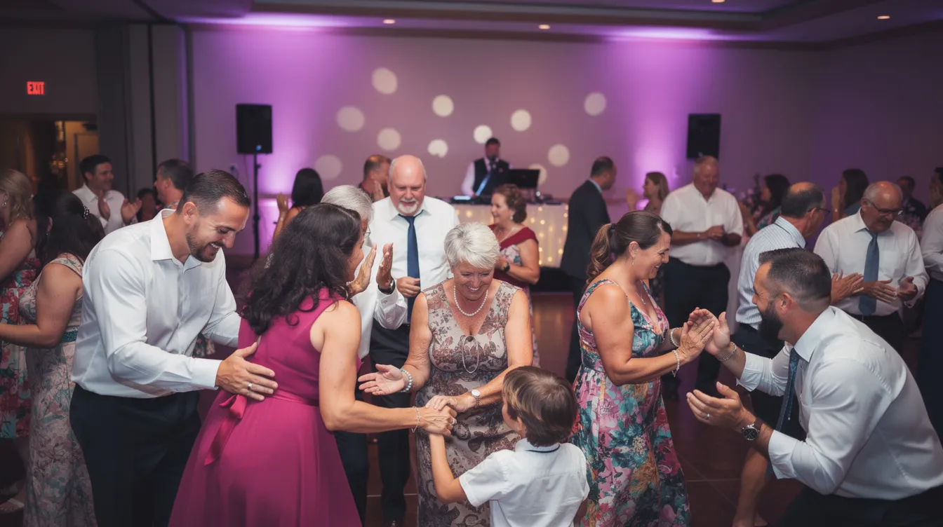 A lively dance floor filled with wedding guests of various ages enjoying the music together under vibrant purple uplighting, creating an energetic party atmosphere. The scene captures the joy of dancing to popular wedding songs, making unforgettable moments on this special wedding day.