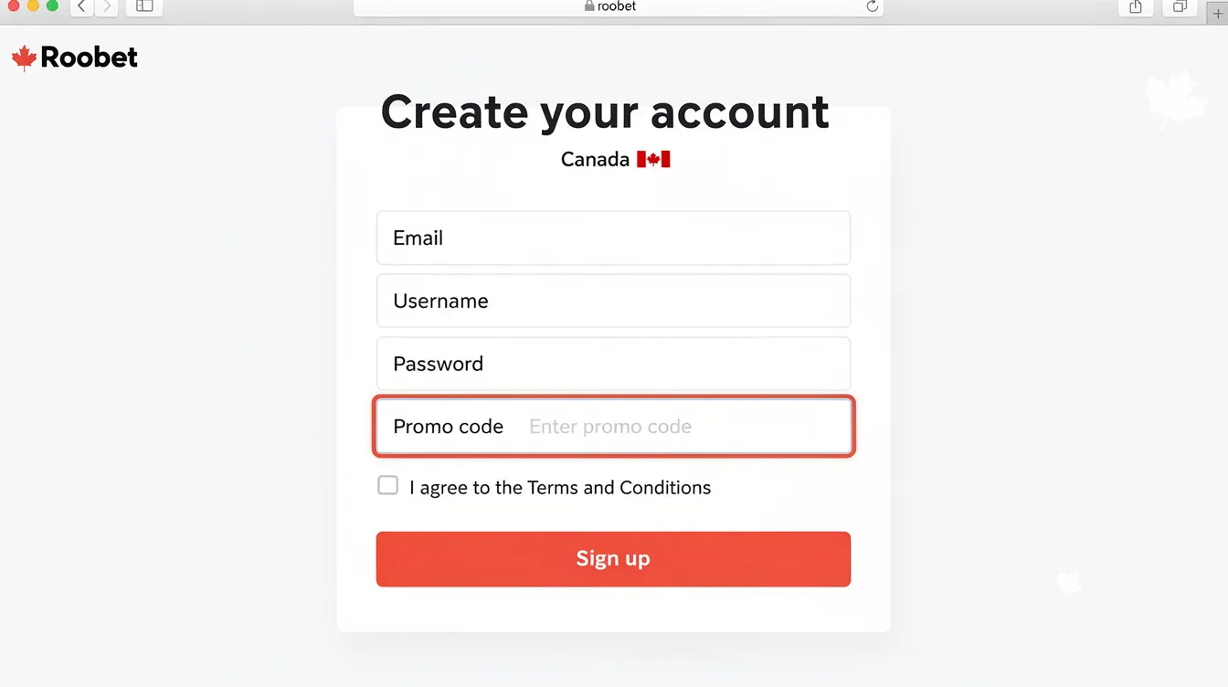 The image depicts the Roobet promo code registration page specifically for Canada, featuring fields for entering personal details and a section highlighting the welcome bonus and promo code offers for new users. This page is designed for sports bettors and online casino enthusiasts looking to claim exclusive rewards and bonuses.