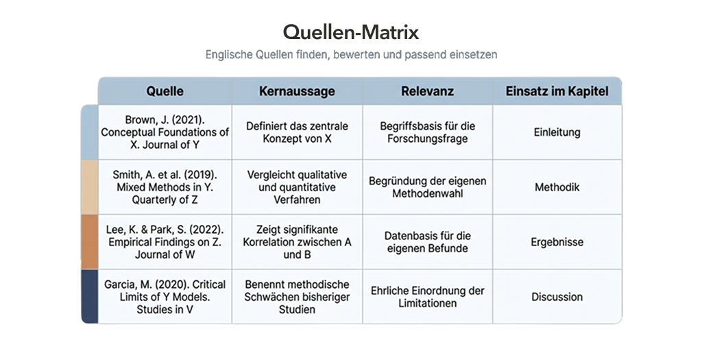 Tabelle mit englischen Quellen und deren Einsatz in der Masterarbeit: Brown (2021) für Einleitung, Smith et al. (2019) für Methodik, Lee & Park (2022) für Ergebnisse, Garcia (2020) für Discussion