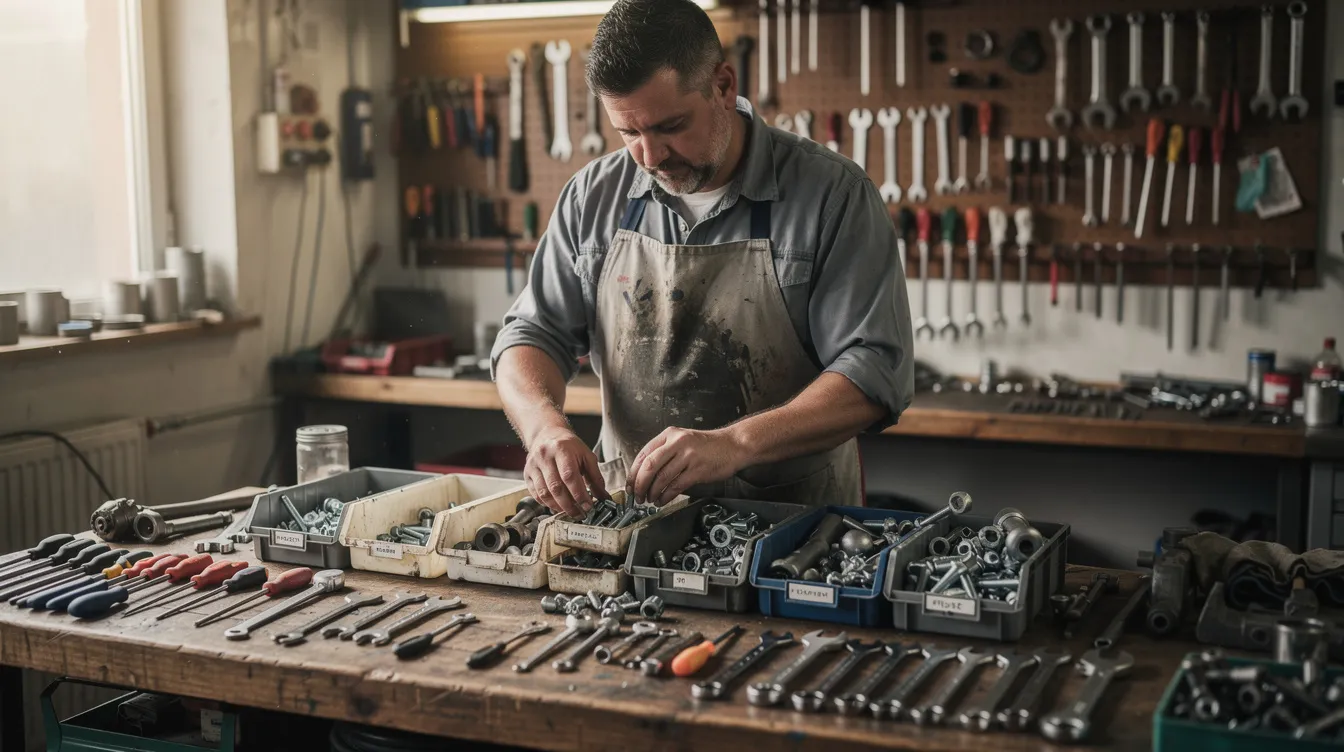 7156d082 a451 4ea2 bb8f c12fdbe69c68 The image depicts a small workshop owner meticulously organizing tools and spare parts on a cluttered workbench, showcasing a hands-on approach to managing their micro enterprise. This scene highlights the importance of financial assistance, such as mudra loans, for small businesses aiming for growth and efficient operations.