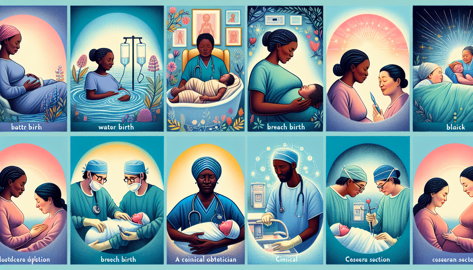 Illustration verschiedener Geburtssituationen und medizinischer Betreuung