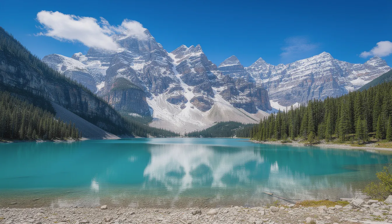L'image montre un lac turquoise éclatant, entouré de majestueuses montagnes enneigées sous un ciel bleu clair. Ce paysage idyllique évoque les beautés naturelles de la Nouvelle-Zélande, parfait pour un road trip à travers l'île du Nord.