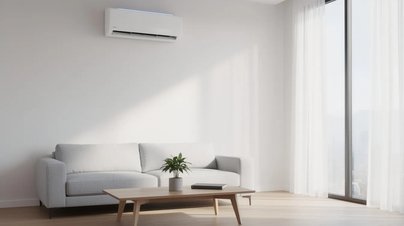 The image features a sleek, modern white wall-mounted air conditioning unit, likely a Samsung model, installed in a bright and airy minimalist living room with large windows. The design emphasizes efficiency and comfort, showcasing the technology's capability for optimal indoor temperature control and energy savings.
