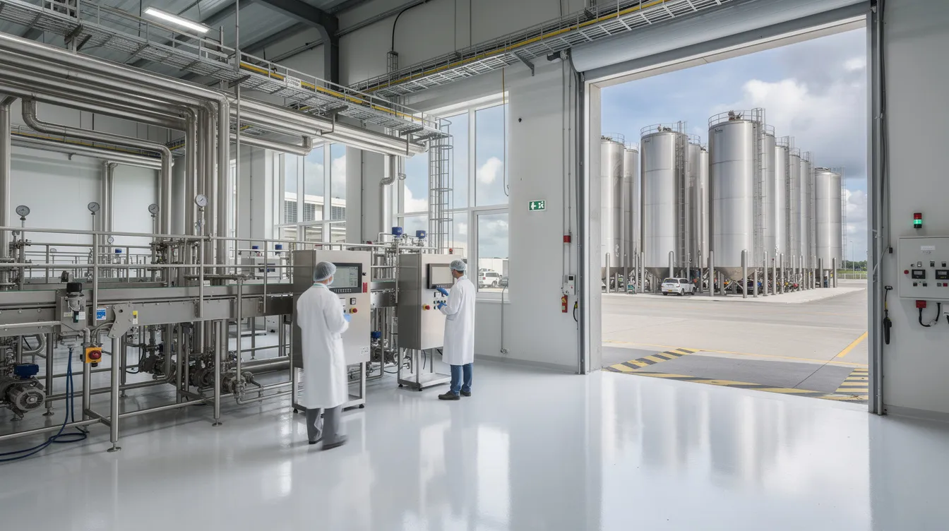 715ad7b5 14a1 4d0a b03e 7711d7962d86 The image depicts an industrial dairy processing facility featuring stainless steel equipment and large milk storage silos, essential for the milk powder manufacturing process. This facility is integral to the milk powder industry, focusing on the production of skimmed and whole milk powder while ensuring quality control and efficient operations.