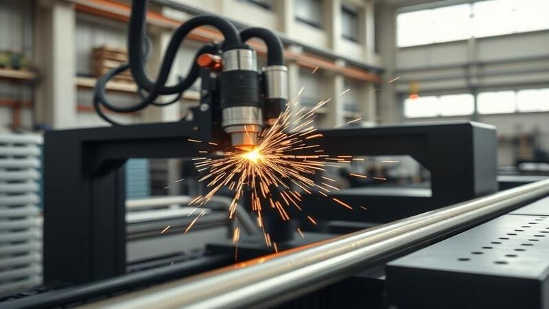 A modern industrial workshop with a large tube laser cutter in the foreground. 