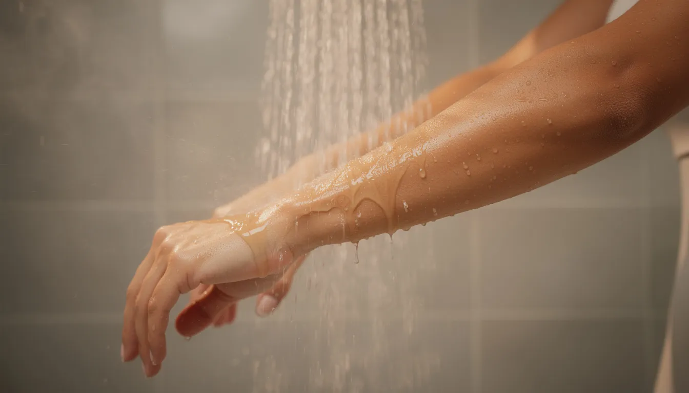 A person is applying a silky body oil to their forearm while standing under running shower water, creating a nourishing and hydrating effect on their wet skin. This routine helps to gently cleanse and moisturize, making it suitable for various skin types, especially for those with dry or acne-prone skin.