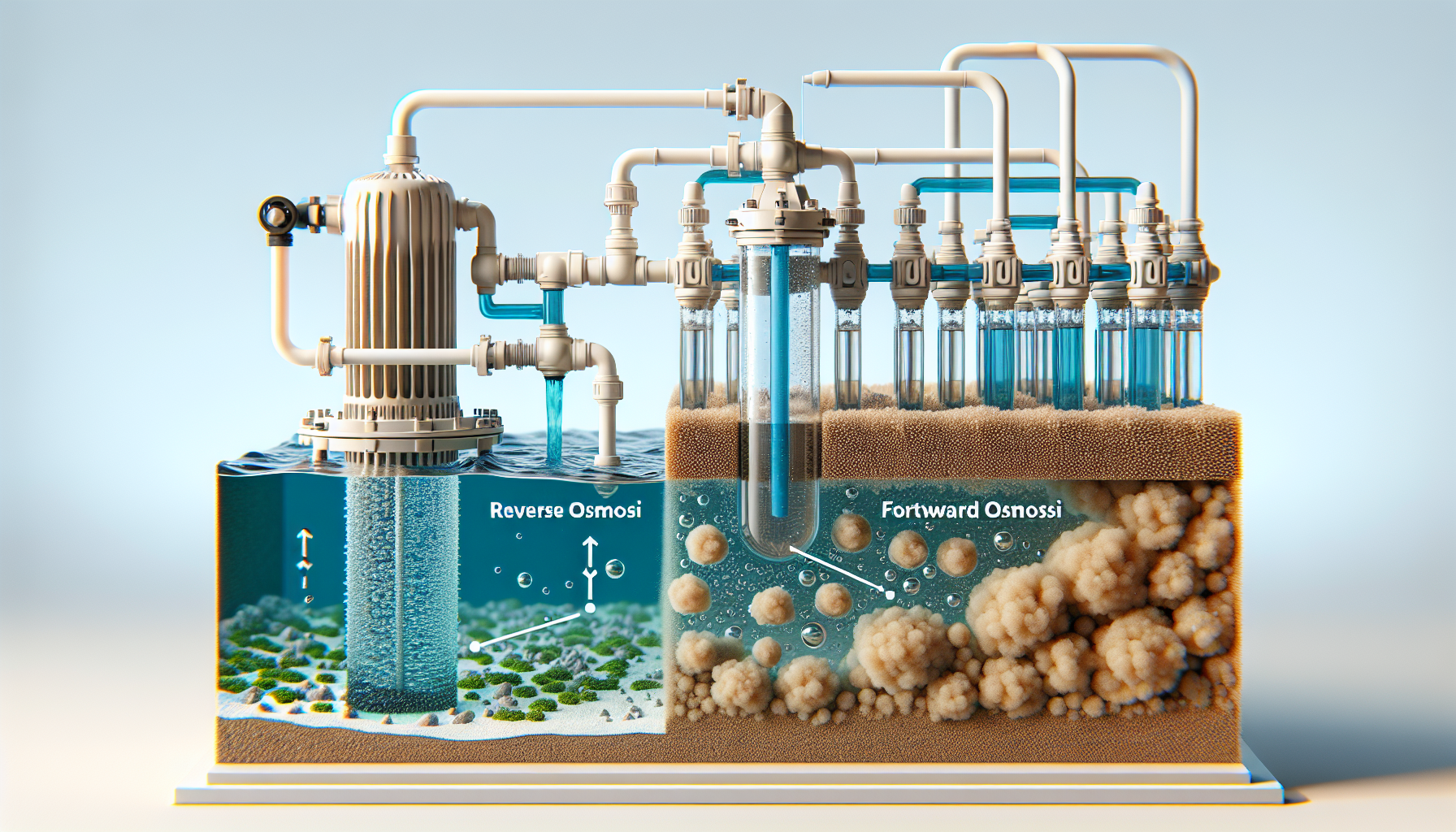 Illustration of reverse osmosis and forward osmosis processes