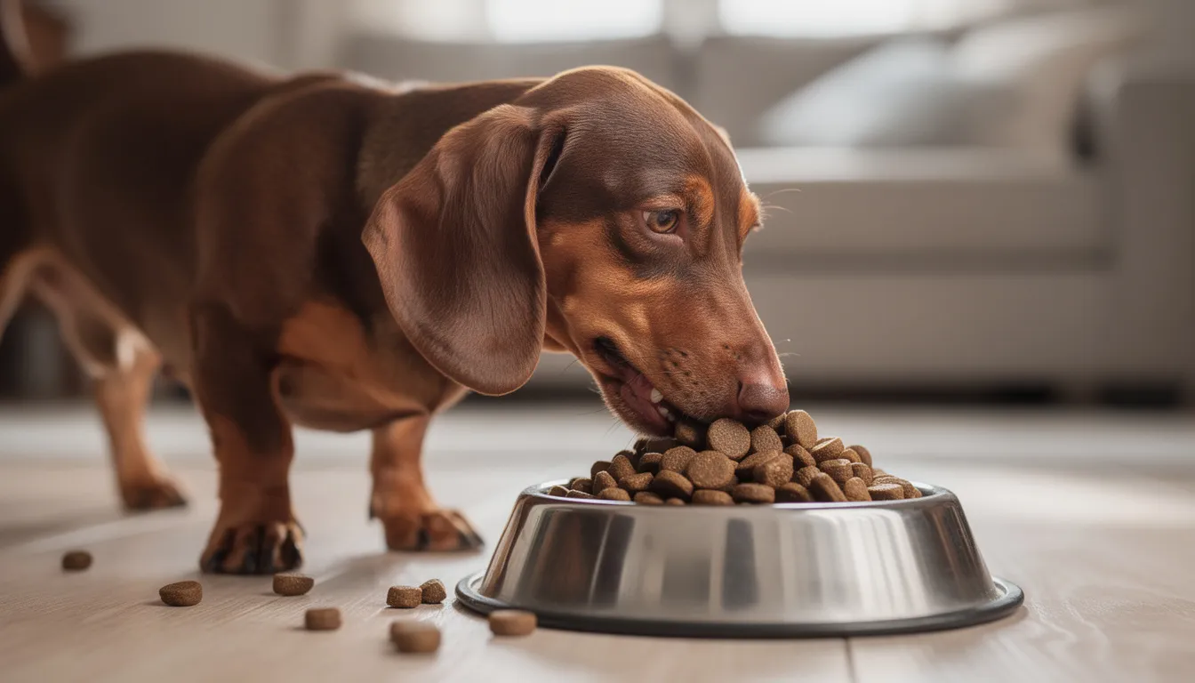 A smooth-coated dachshund is happily eating high-quality kibble from a dog bowl, showcasing its long body and short legs. This adorable wiener dog embodies the playful and intelligent nature of the dachshund breed, making it a beloved family pet.