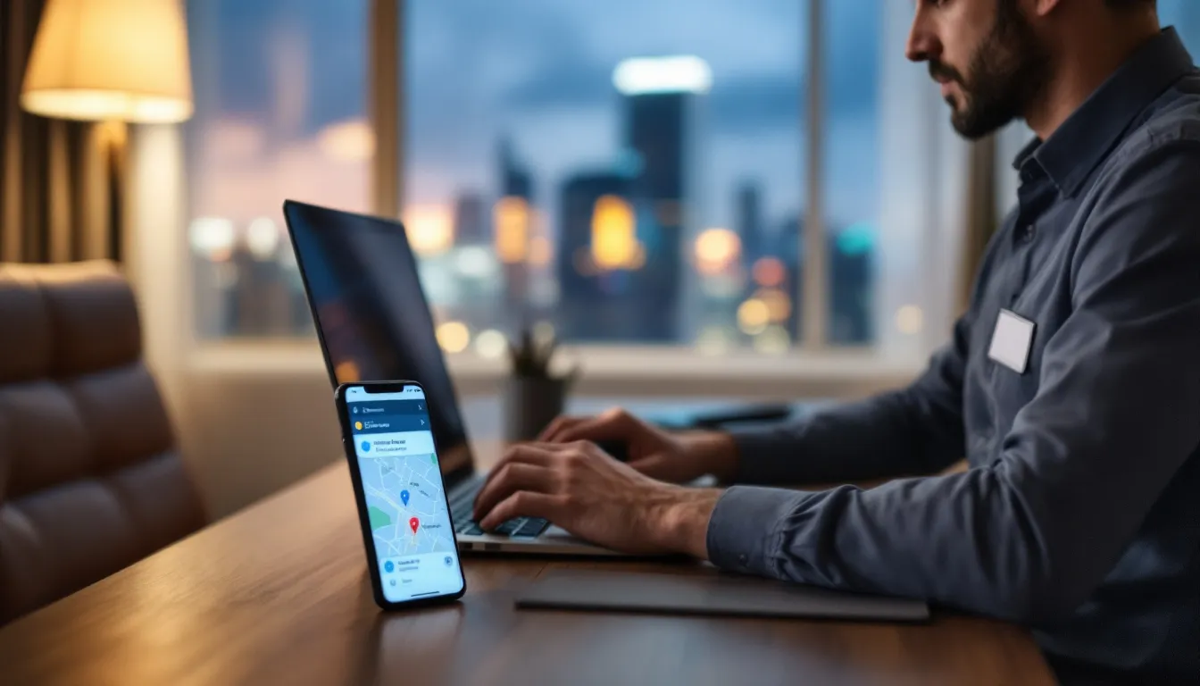 A hotel manager is focused on optimizing local SEO while working on a laptop, with a smartphone displaying Google Maps results nearby. The scene highlights efforts to enhance the hotel's online visibility and improve local search rankings for direct bookings and nearby attractions.