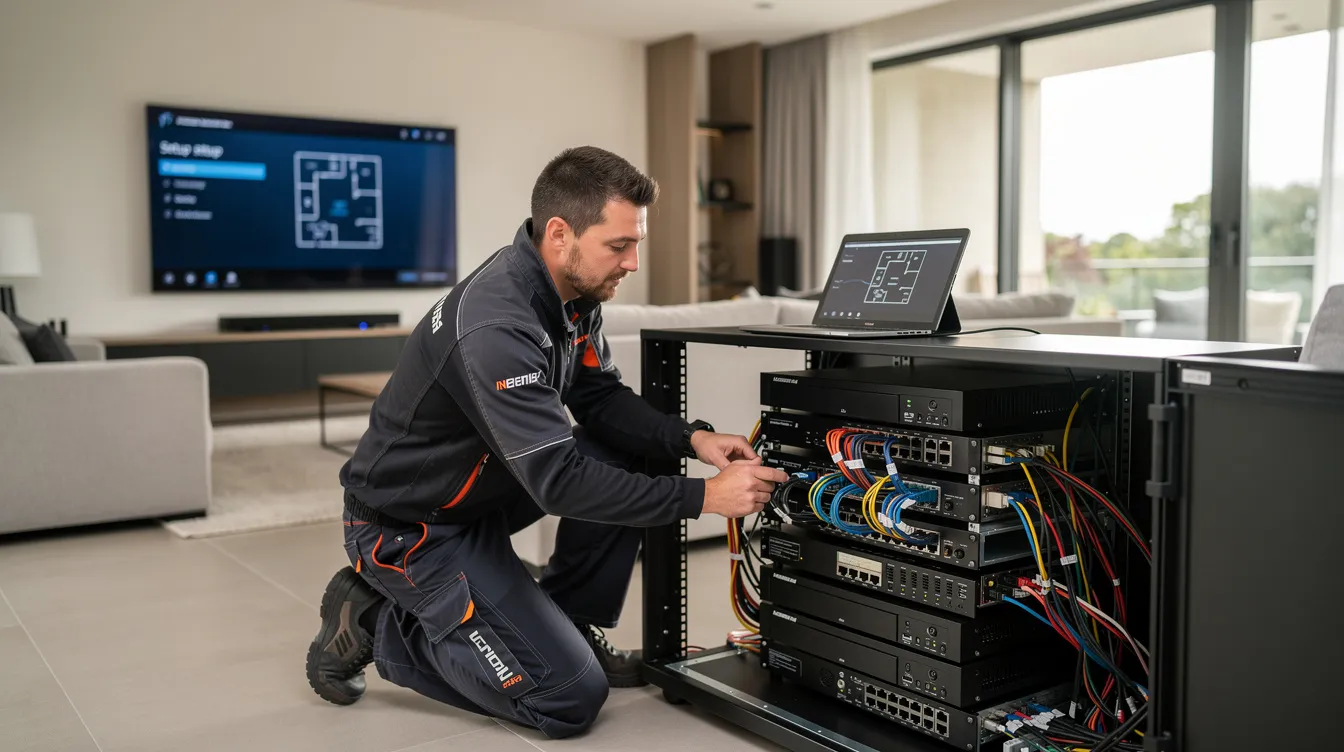 A professional installer is configuring a multi-room DSTV Explora decoder system in a modern home, ensuring all devices are connected and functioning properly for optimal HD viewing. The technician is focused on setting up the smart LNB and confirming channel access for seamless entertainment across various rooms.