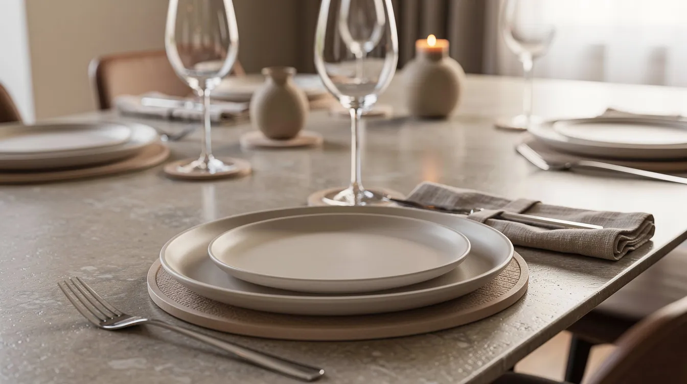 Een close-up van een stijlvol gedekte keramische eettafel, met onderzetters onder de borden en glazen, die een luxe uitstraling heeft. Het keramisch blad is onderhoudsvriendelijk en krasbestendig, waardoor het perfect is voor dagelijks gebruik.