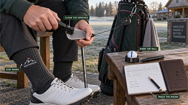Golfer using a retractable club brush with labeled golf ball alignment tool, winter socks, and scorecard notebook