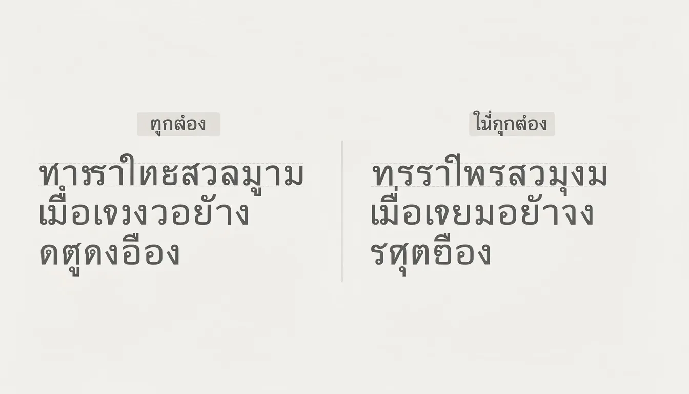 The image presents a comparison of proper letter proportions and spacing in Thai text, illustrating the unique characteristics of the Thai alphabet, including consonant clusters, vowel symbols, and tone marks. This visual guide aids in understanding how to write Thai accurately, highlighting the importance of spacing and proportions for Thai speakers and learners of the Thai language.