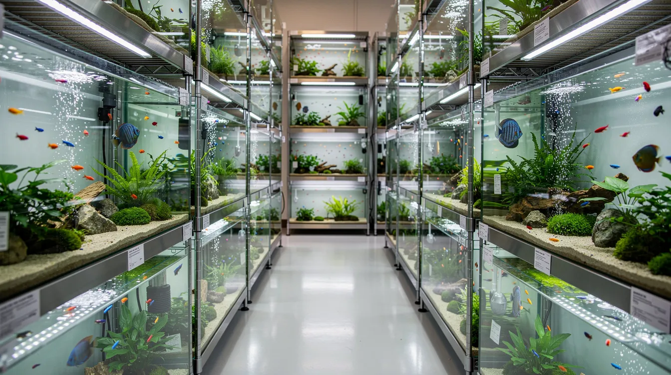 Das Bild zeigt Reihen von sauberen Aquarienbecken, gefüllt mit lebhaften tropischen Fischen und üppigen Wasserpflanzen, die eine Vielzahl von Arten in der Aquarienabteilung eines Zoofachgeschäfts präsentieren. Diese Umgebung unterstreicht nicht nur die Schönheit des aquatischen Lebens, sondern betont auch die Bedeutung von Tierschutz und Kundenzufriedenheit für Tierhalter.