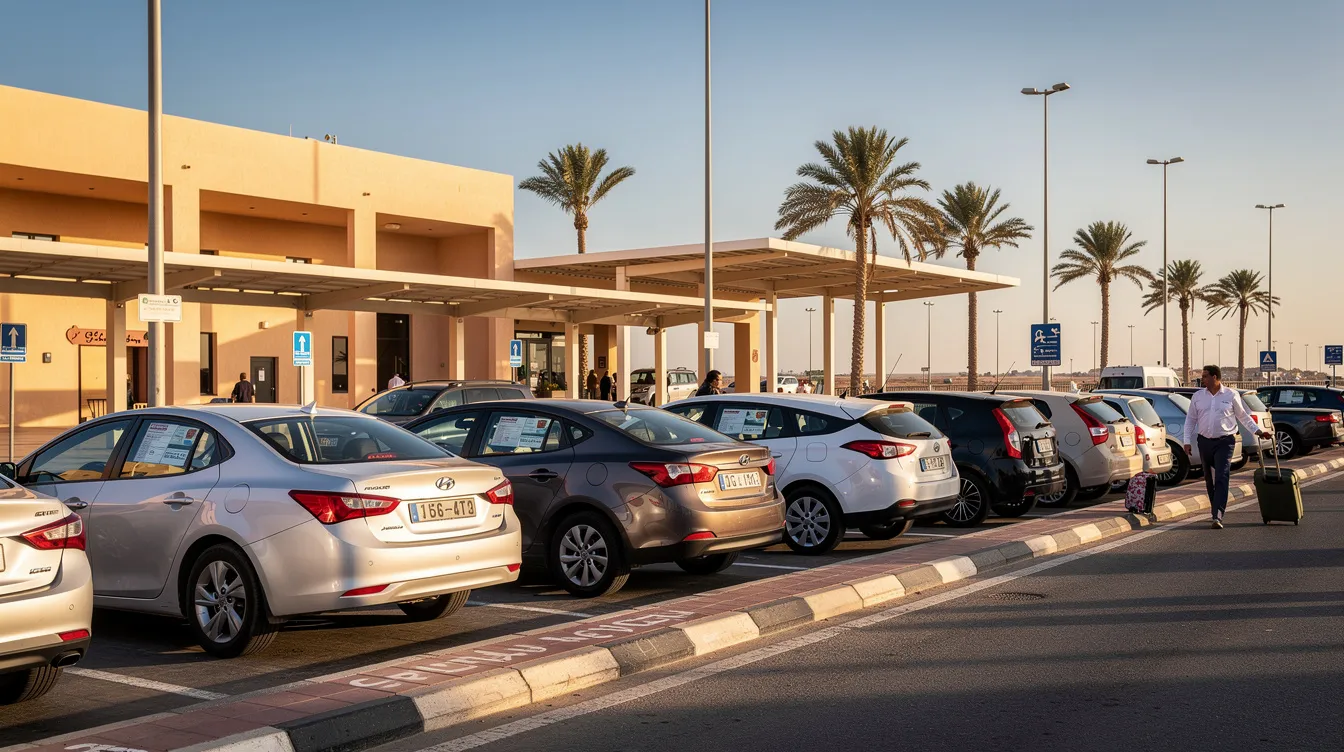 The image shows several rental cars parked in a row at a Moroccan airport pickup area, with palm trees providing a tropical backdrop. This scene highlights the vehicle rental businesses that facilitate online bookings and manage reservations for customers seeking convenient transportation.