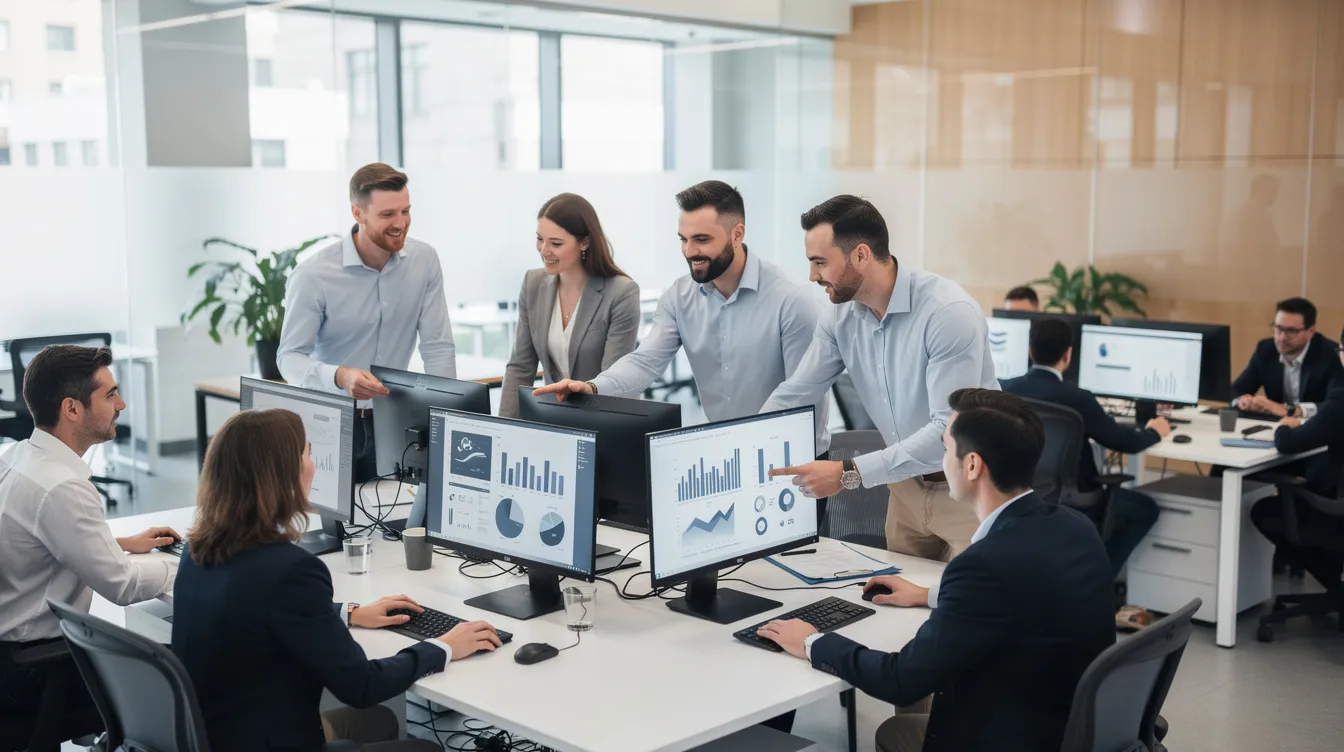 A group of professionals in a modern office setting discussing strategies for managing apprenticeship programs with apprenticeship case management software