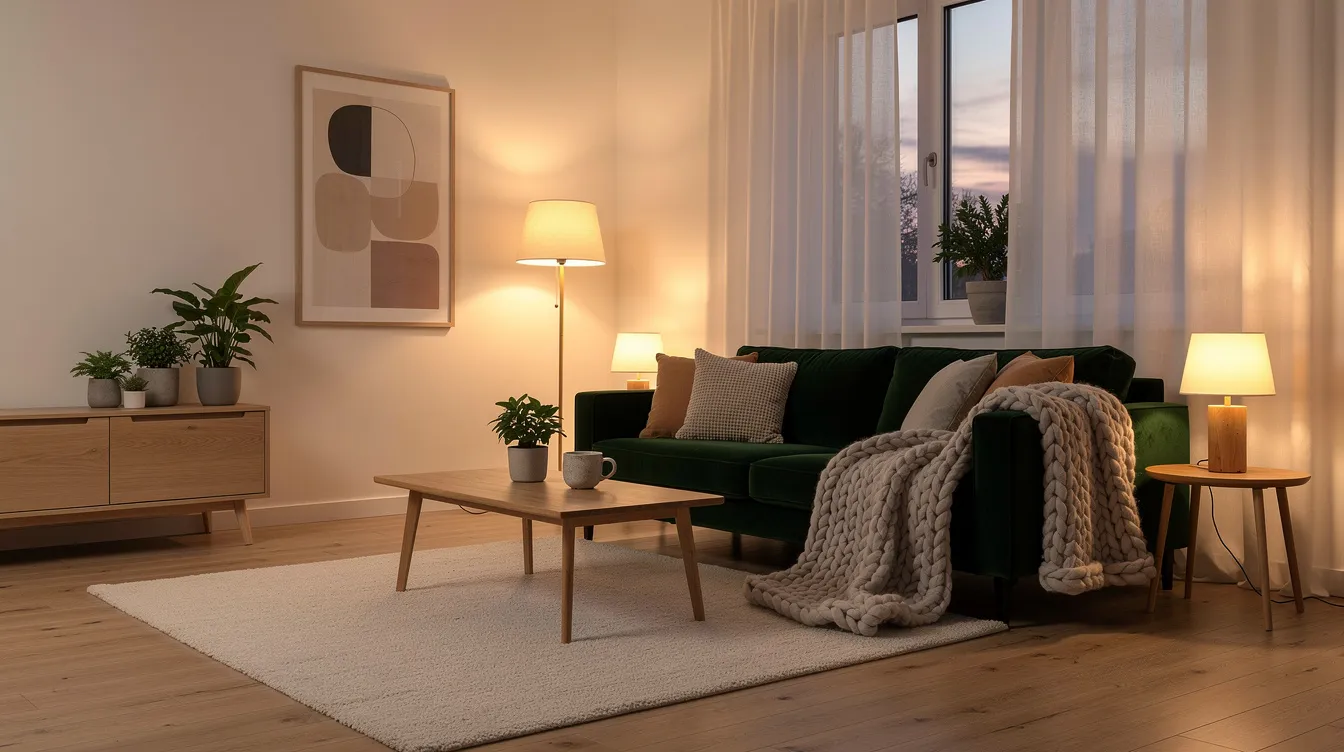 Bild av ett mysigt skandinaviskt vardagsrum med varmt ljus, där en lyxig 3-sits soffa i djupgrön sammet står i fokus. Rummet är dekorerat med ullfiltar och ger en känsla av komfort och stil, perfekt för att skapa en inbjudande atmosfär i hemmet.