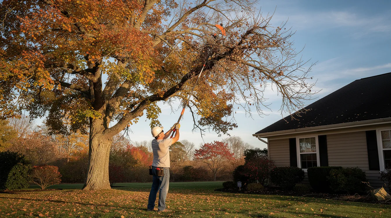 A person is using a pole saw to trim dead branches from a large tree located near a house roof.