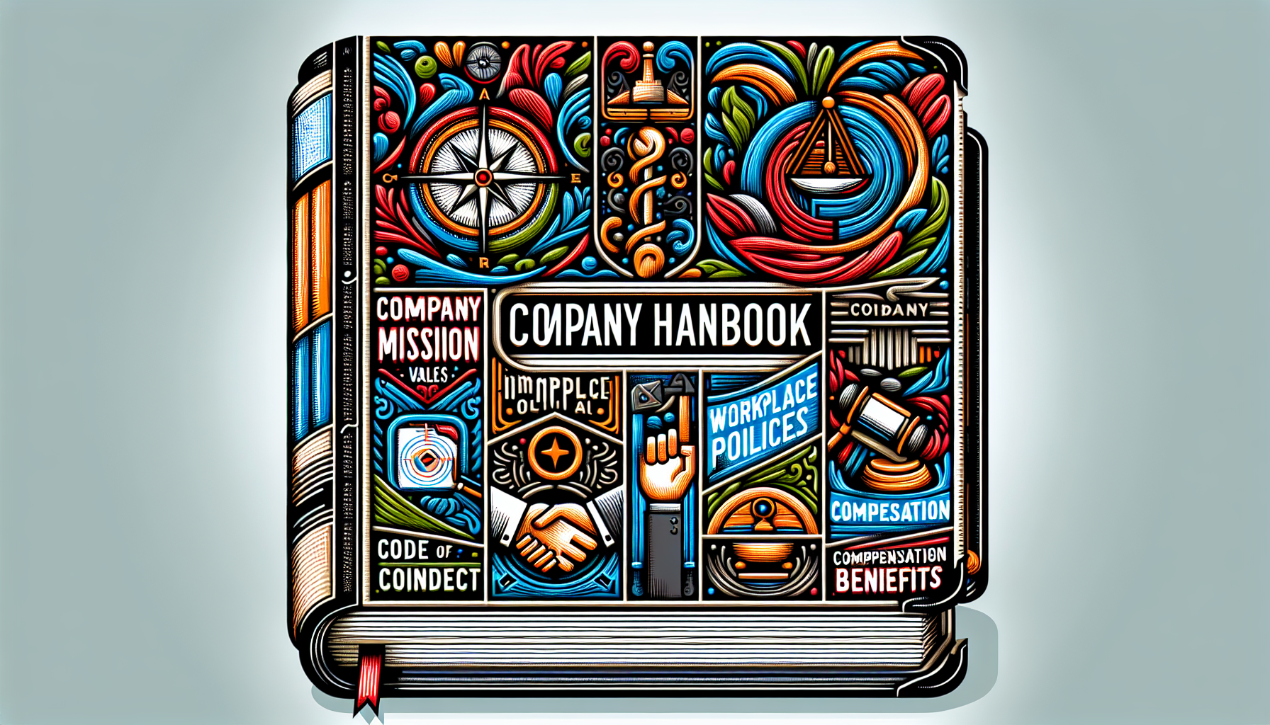 Illustration of a company handbook with essential elements