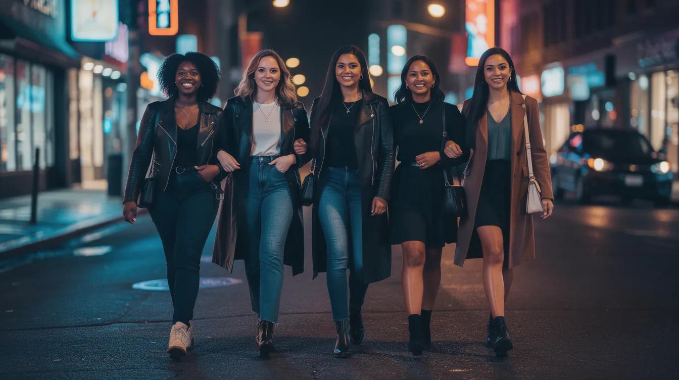 A diverse group of confident women walks together on a city street at night, embodying the essence of sisterhood and mutual support. Their connection reflects the transformative power of shared experiences and the importance of a strong sisterhood community in fostering personal growth and emotional well-being.