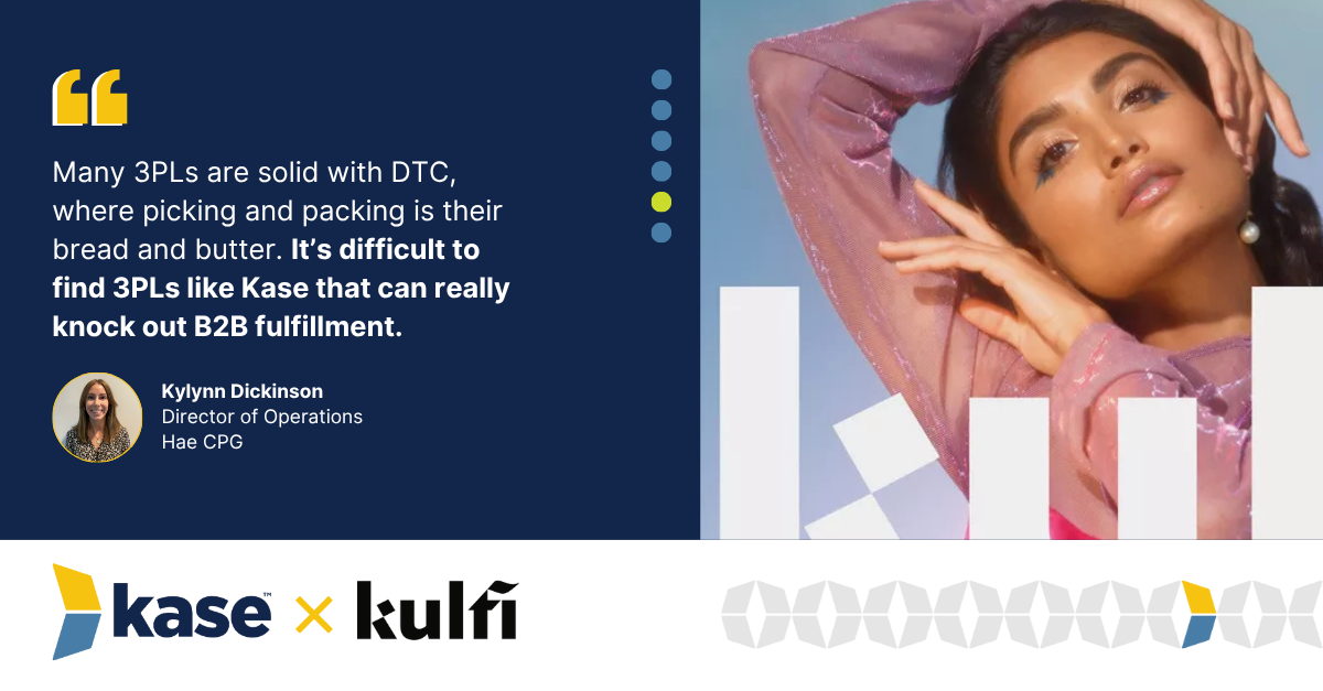 Model modeling Kulfi beauty brand product. Text of quote on Kase X Kulfi 3PL services "May 3PLs are solid with DTC, where picking and packing is their bread and butter. It's difficult to find 3PLs like Kase that can really knock out B2B fulfillment." - Kylynn Dickinson, Director of Operations at Hae CPG