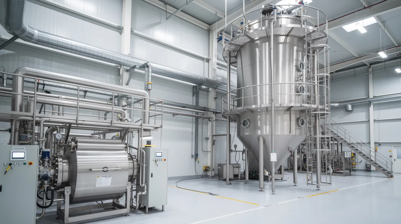 7169e308 021c 4a9f a296 a932ba162f9d The image depicts a large industrial spray drying tower and centrifuge equipment inside a food processing plant, showcasing advanced technology used for extracting pulse proteins. This setup is essential for producing high-quality protein isolates, such as pea protein concentrates, which are crucial for enhancing the nutritional and functional properties of plant-based foods.