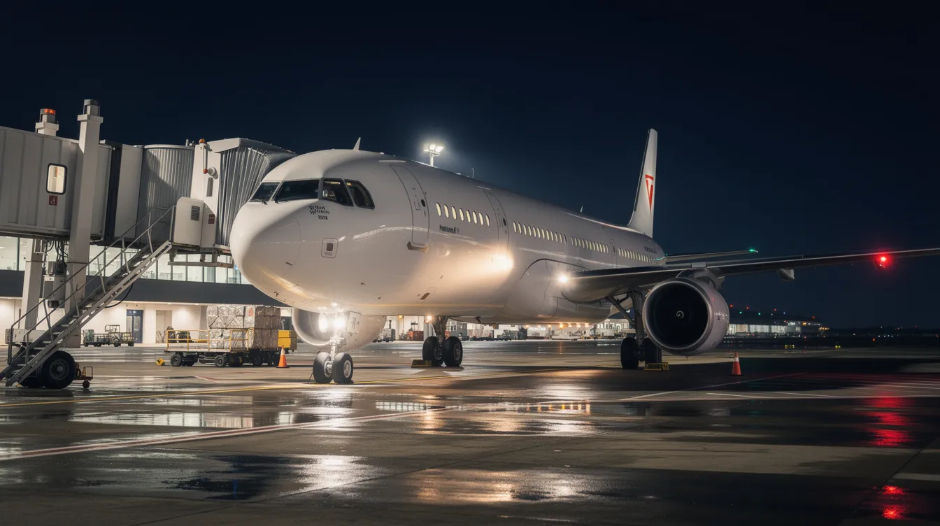 A commercial turbine-powered aircraft is parked at a gate at night, with its exterior lights illuminated, creating a vibrant scene that highlights the aircraft's features and safety equipment. The image captures the aircraft in a state of readiness, reflecting compliance with federal aviation administration standards and maintaining airworthiness for its flight crew.