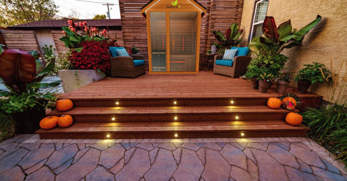 A luxurious backyard with the perfect spot for an infrared sauna.