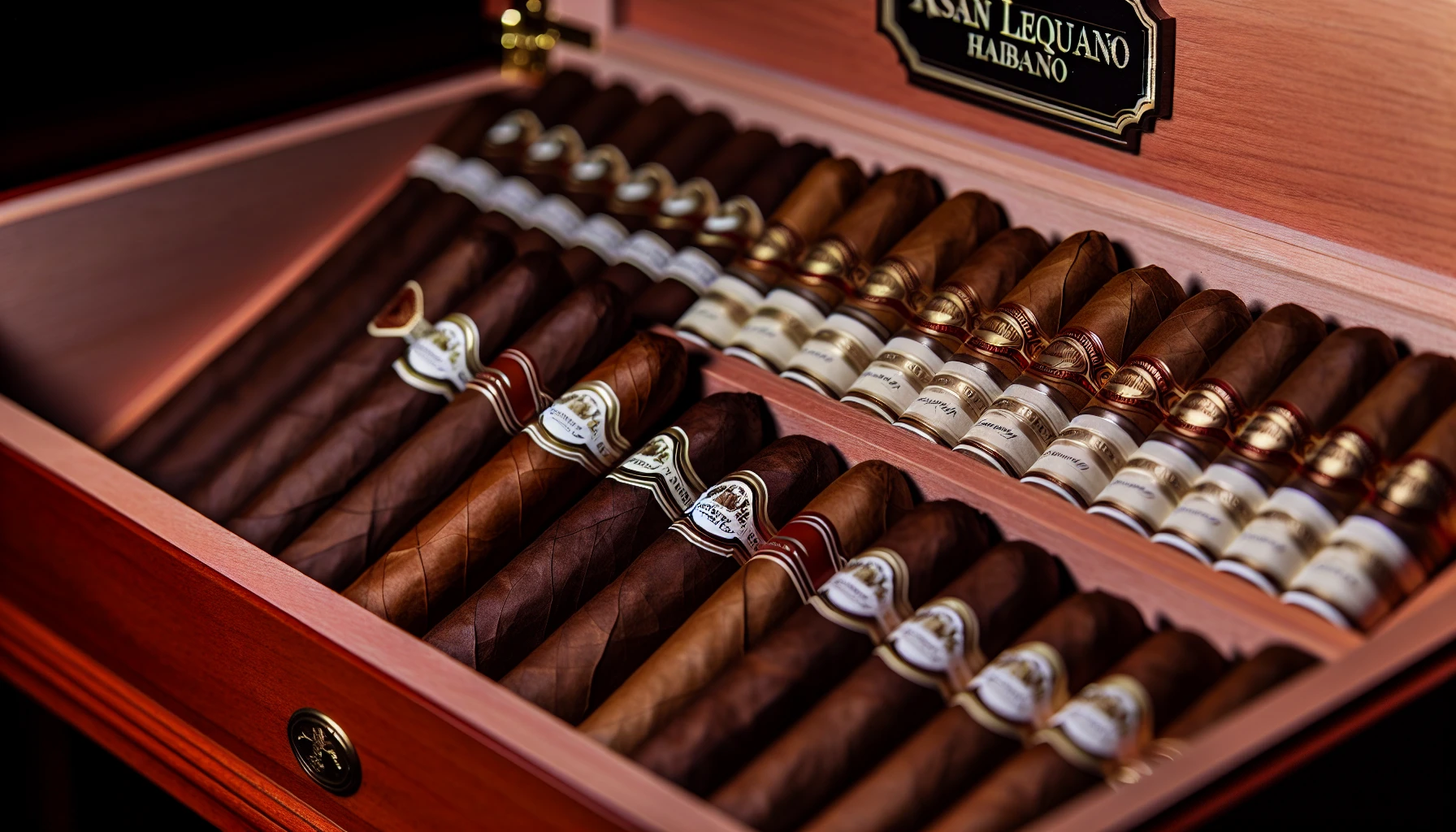 A variety of premium cigars displayed in a humidor