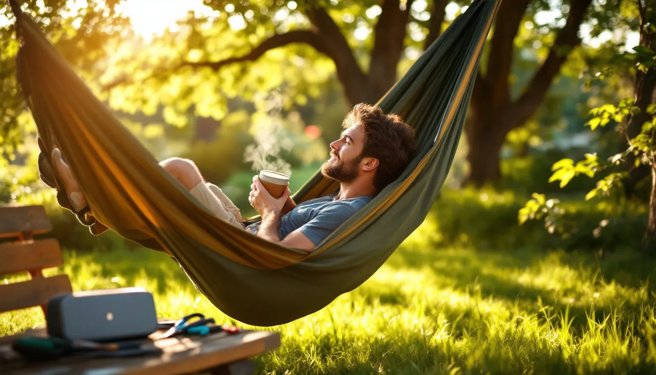 A dad is relaxing in a camping hammock in a sunny garden, sipping coffee from an insulated mug, surrounded by gardening tools and a Bluetooth speaker, creating a vibrant outdoor setting perfect for quality time on Father's Day. This scene captures the essence of a classic gift idea for dads who love to unwind and enjoy their free time.
