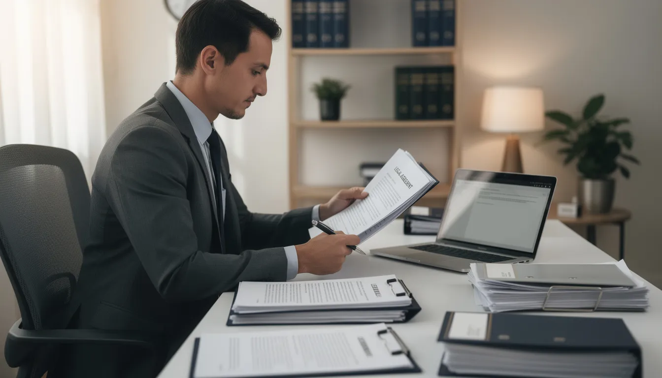 The image shows a person sitting at a desk, intently reviewing legal documents related to their workers compensation claim. The documents may include information about temporary disability benefits and the workers compensation process, highlighting the importance of understanding their rights and options following a workplace injury.