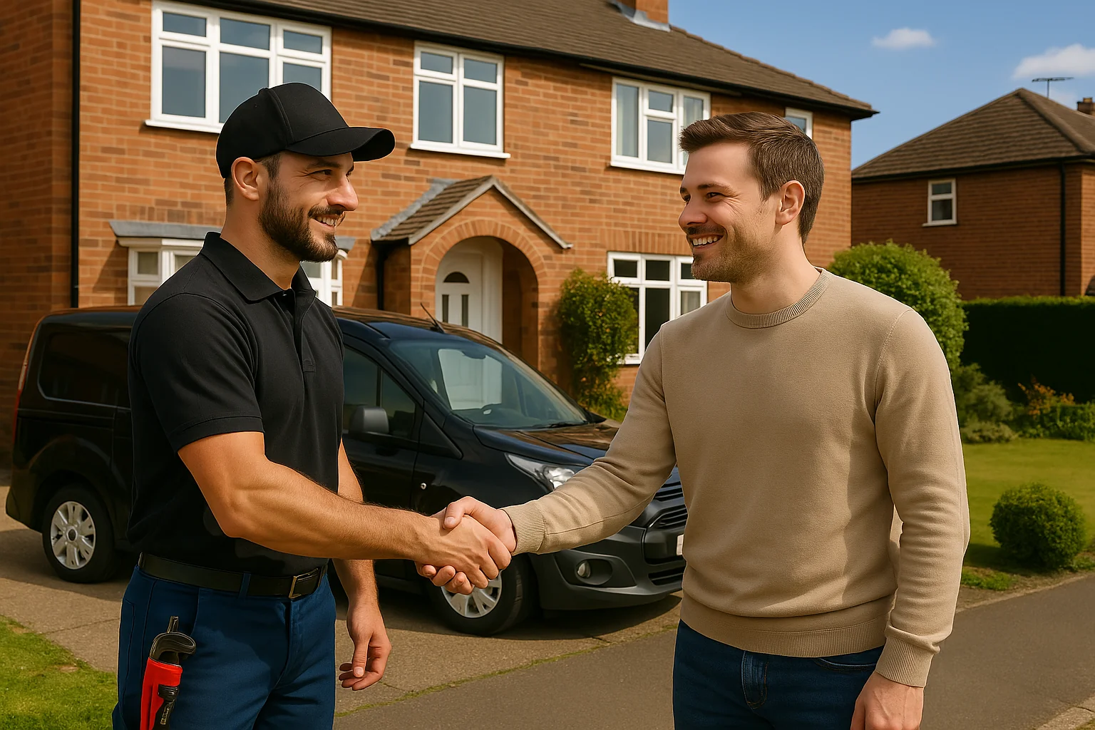 A friendly local plumber shaking hands with a homeowner outside a Macclesfield house.