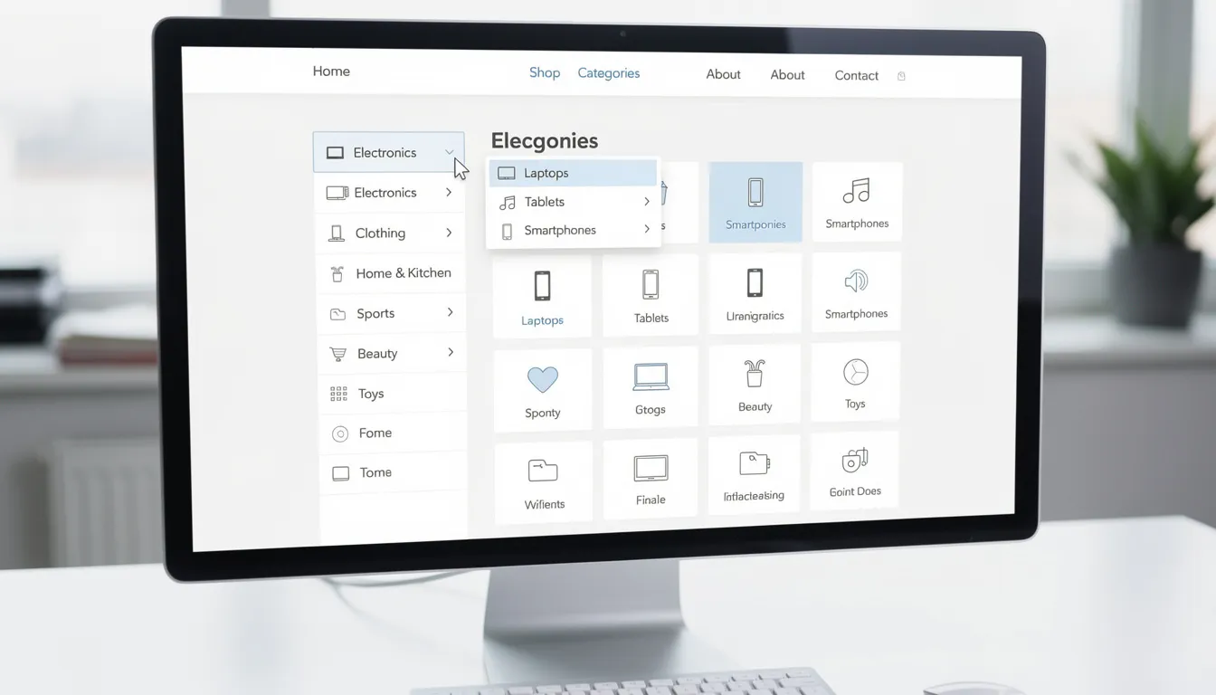 The image displays a computer screen showcasing a well-organized website navigation menu featuring various product categories, essential for enhancing the site structure of an ecommerce site. This layout aids in improving user experience and optimizing search engine rankings through effective category pages and internal links.