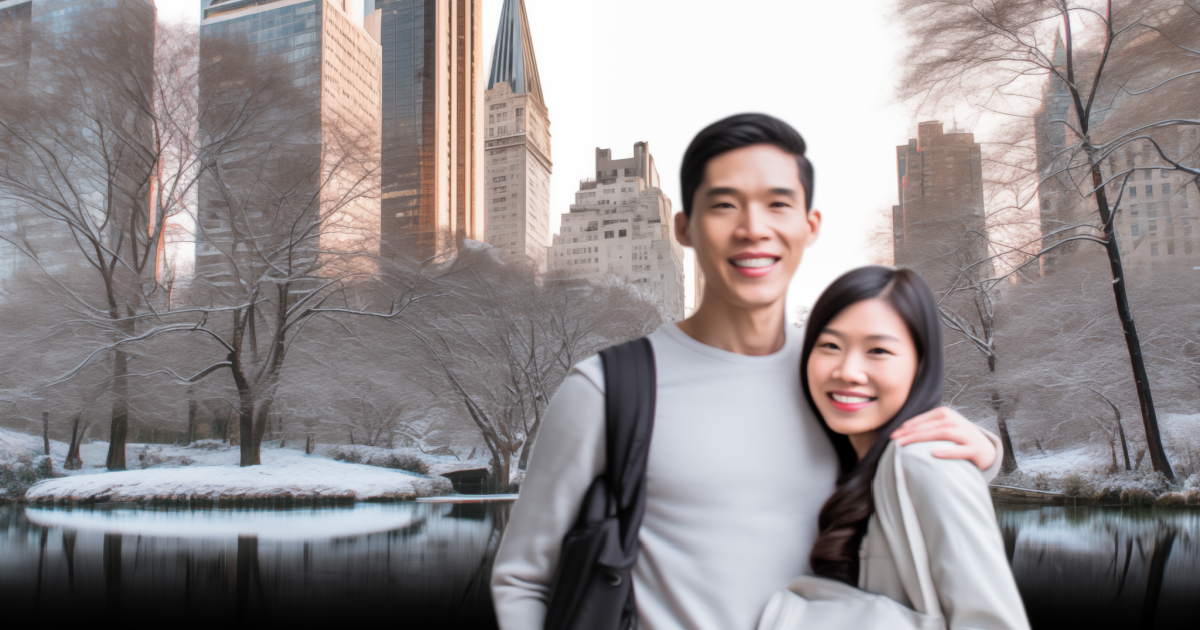 A couple smiling in front of Central Park in NYC after working remotely to do online marriage counseling in New York.