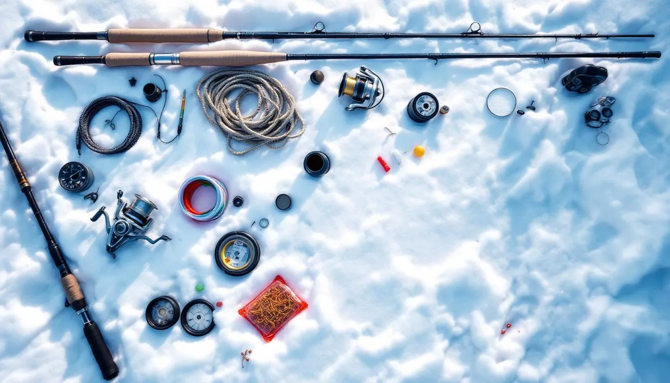 Na śniegu rozłożony zestaw zimowego sprzętu wędkarskiego, w skład którego wchodzą wędki, kołowrotki, żyłki oraz różne akcesoria do łowienia ryb zimą. Obok widoczne są naturalne przynęty, które mogą być użyte w trudnych zimowych warunkach, co ułatwia poszukiwanie ryb w chłodnej wodzie.