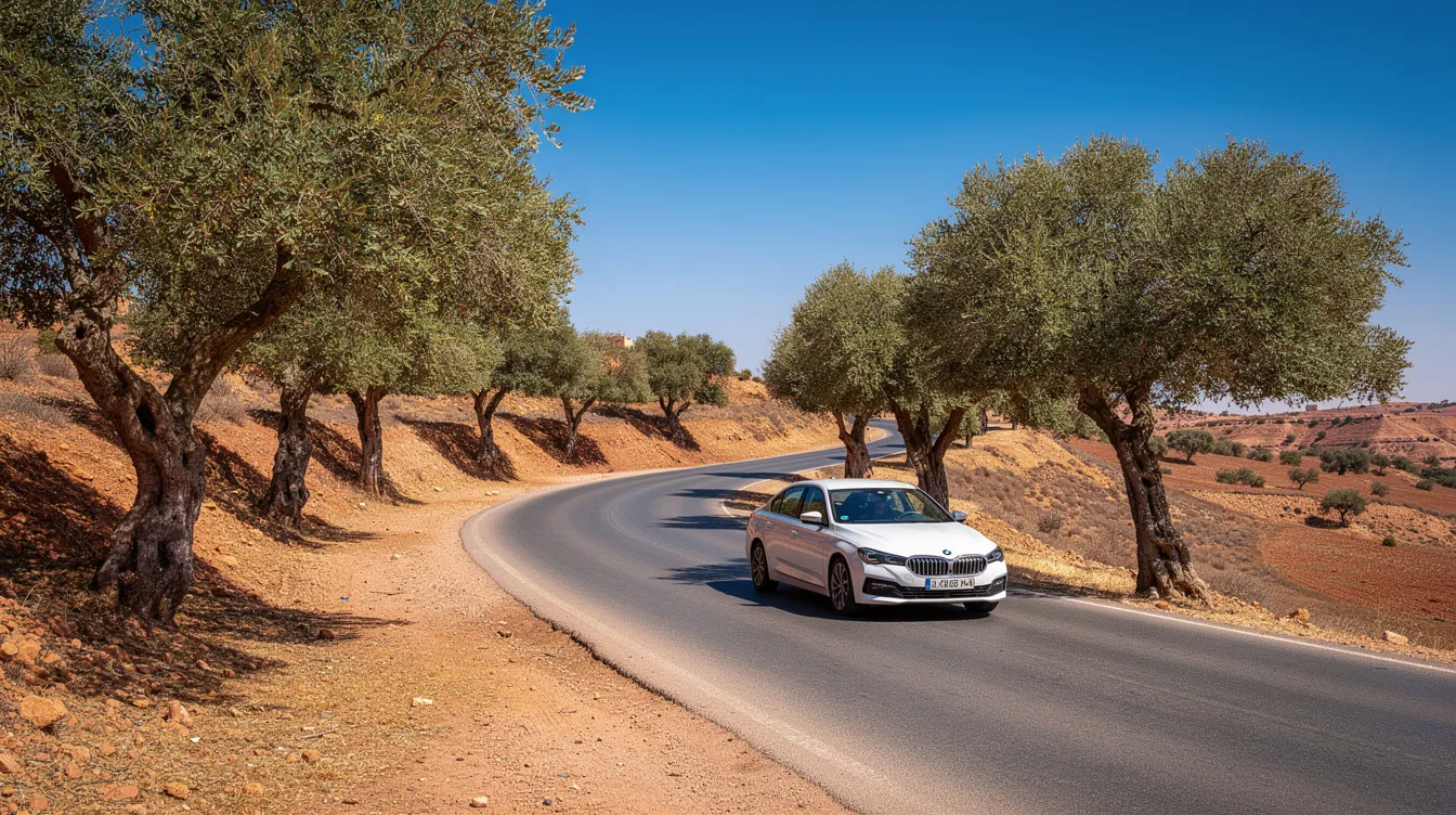 Une route marocaine bordée d'arganiers, avec une voiture blanche roulant sous un ciel dégagé, évoque un voyage agréable au Maroc. Cette scène met en avant la beauté naturelle du pays, idéale pour ceux qui souhaitent louer une voiture à Casablanca et explorer ses paysages.