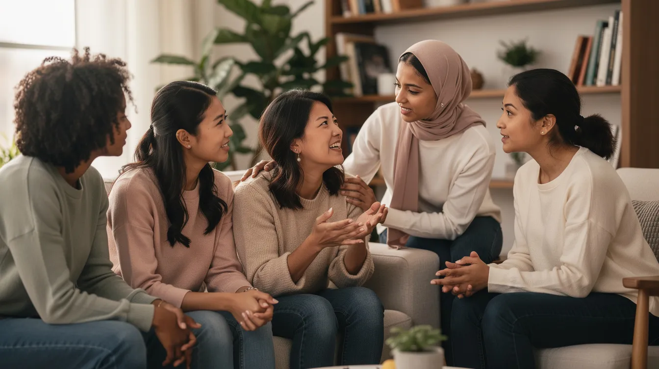 A diverse group of strong women engages in a supportive conversation, embodying empowerment and sisterhood as they share their experiences and dreams. Their interaction highlights the importance of women's voices in achieving success and inspiring change in the world.