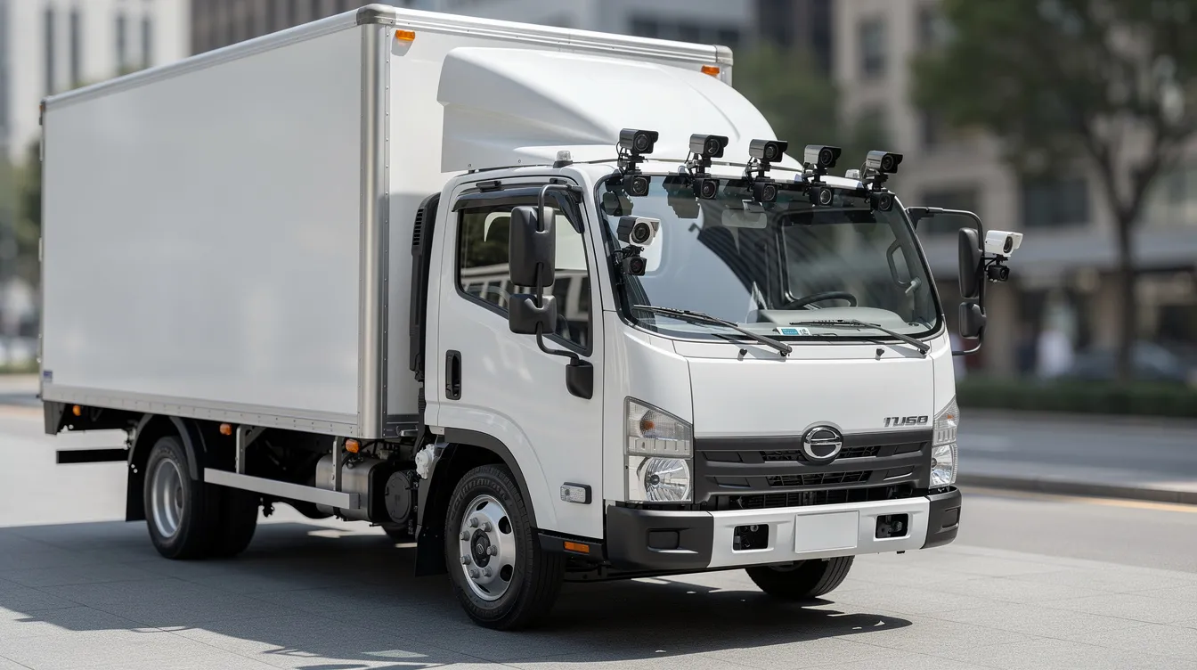 MDVR Systems Explained: The image features a white commercial delivery truck equipped with multiple small cameras mounted on the mirrors and windshield, designed for enhanced video surveillance and monitoring. This mobile digital video recorder (MDVR) system supports fleet management by providing video footage for accident investigation and monitoring driver behavior, ensuring vehicle safety and operational efficiency.