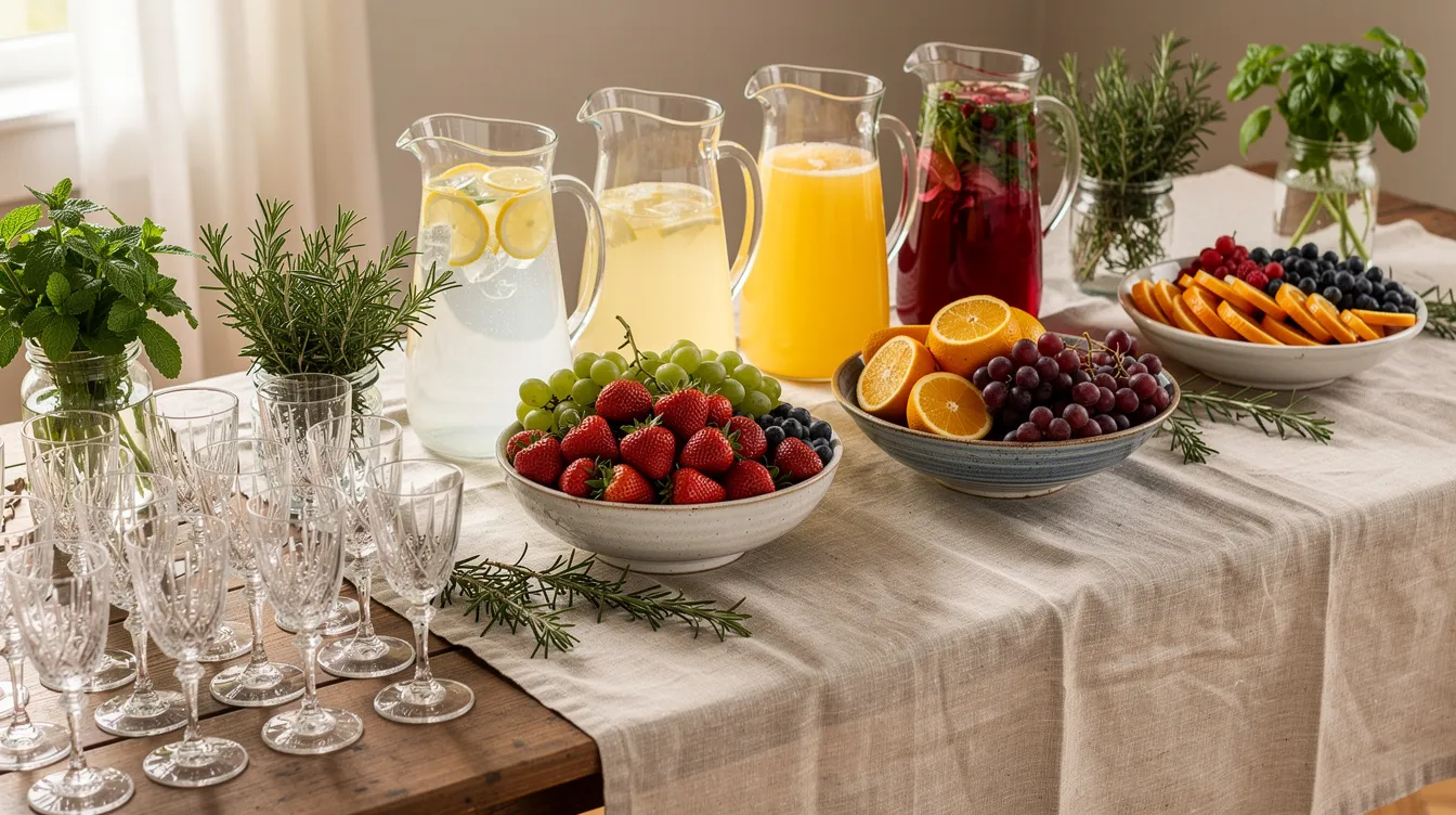 Domowy mocktail bar z dzbankami bezalkoholowych napojów, świeżymi owocami i ziołami