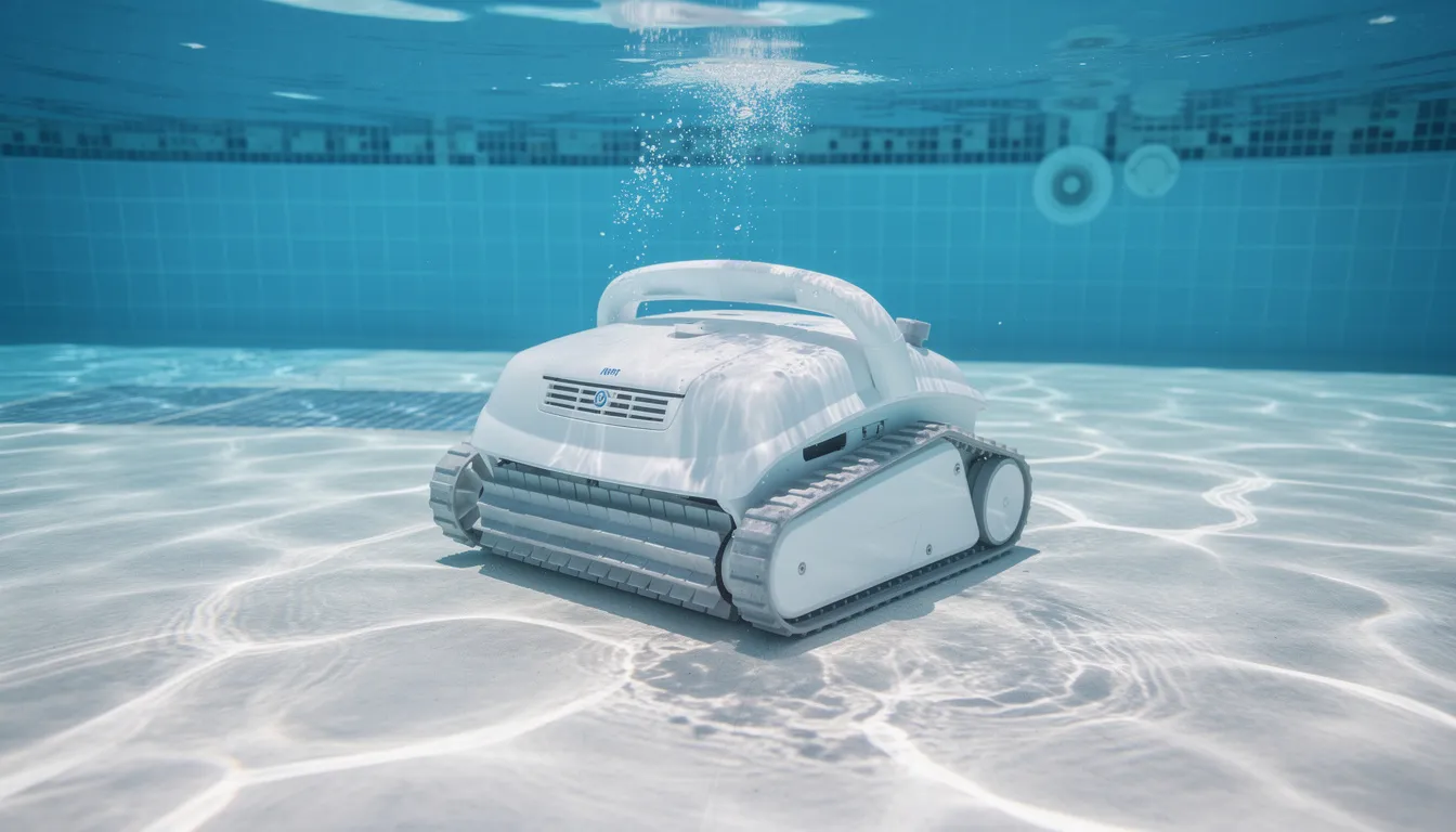 A robotic pool cleaner is submerged in a clear blue residential swimming pool, efficiently navigating the pool floor and walls for thorough cleaning. This advanced robotic cleaner showcases its powerful scrubbing brushes and cleaning capabilities, making it an excellent choice for pool owners seeking minimal effort and full pool coverage.