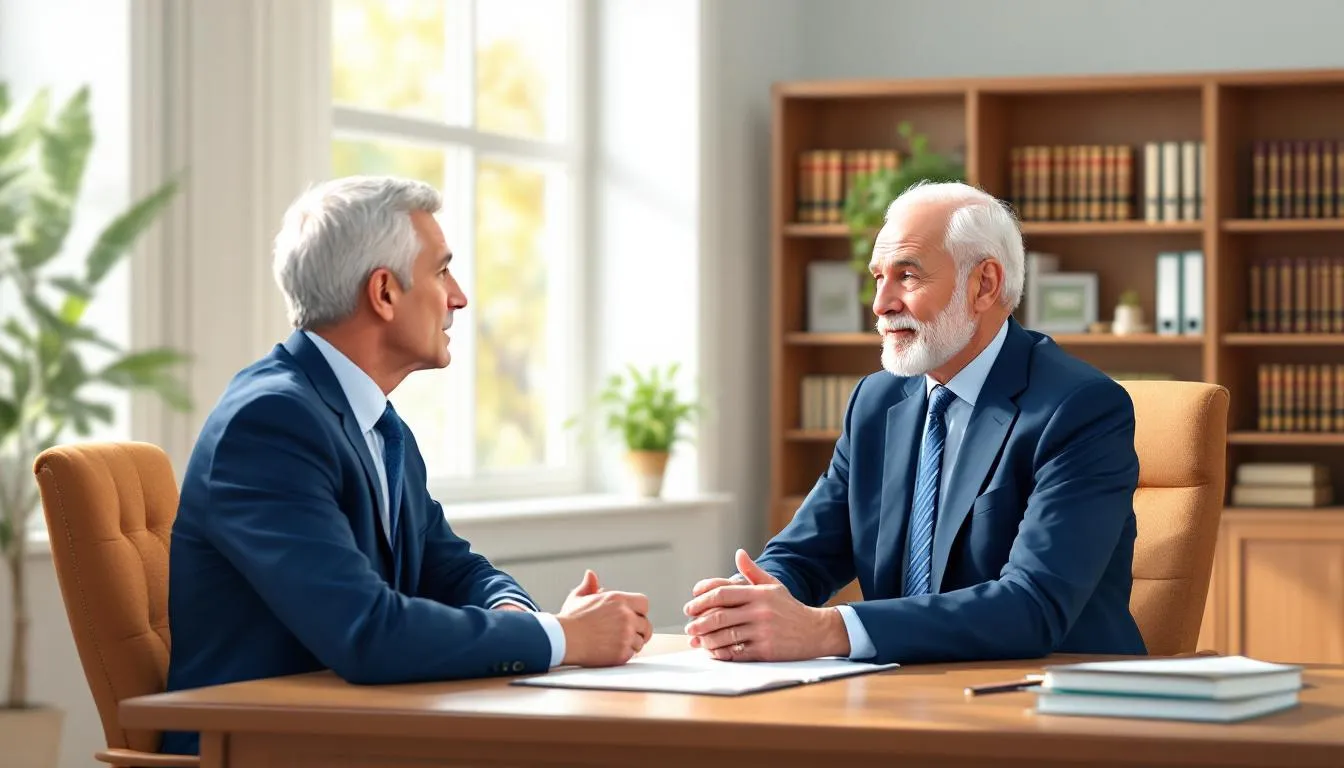 An elder law attorney consulting with a client about long-term care planning.