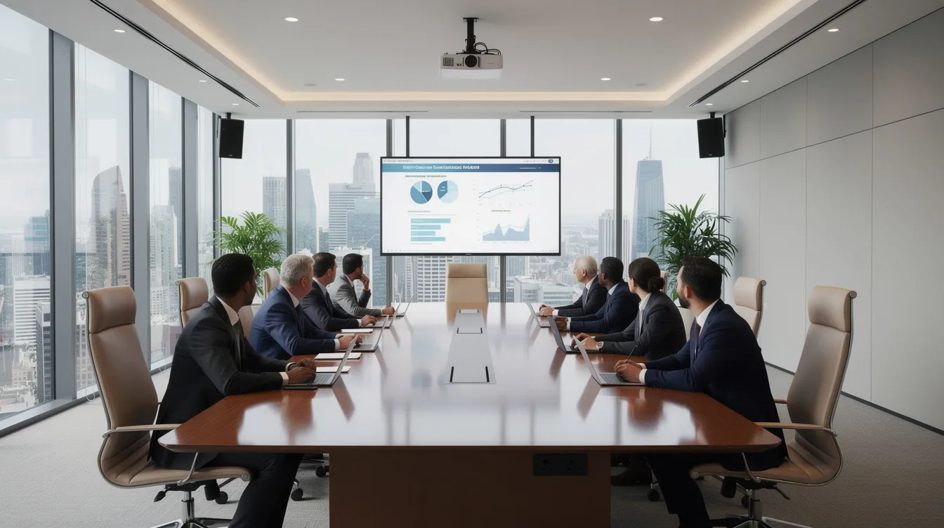 Een moderne boardroom met audiovisuele apparatuur waar een zakelijke vergadering plaatsvindt. De ruimte is uitgerust met grote schermen en comfortabele stoelen, wat bijdraagt aan een professionele sfeer voor de deelnemers.
