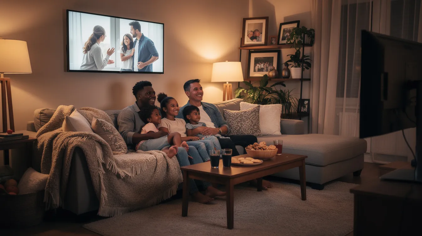 A diverse family is comfortably seated on a large sectional sofa in a cozy living room, enjoying a movie together on a widescreen television. The scene captures a warm atmosphere, perfect for watching live TV channels and streaming content with reliable IPTV services.