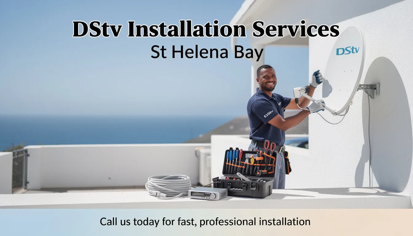 A technician is seen installing a DStv satellite dish on the roof of a house in St Helena Bay, showcasing professional DStv installation services. The installer is equipped with tools and cables, ensuring a reliable setup for optimal signal reception.