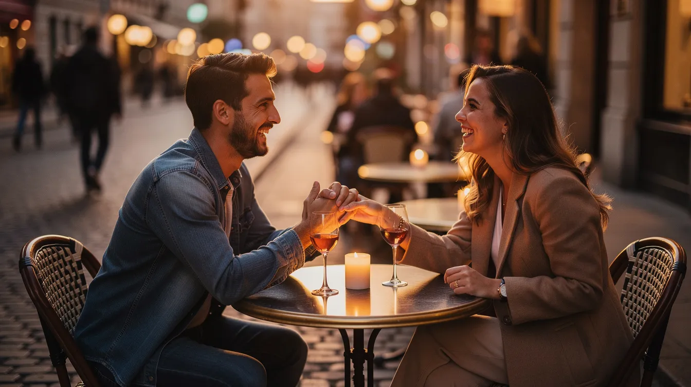 A couple is enjoying a cozy dinner date, sitting across from each other at a small table, engaged in meaningful conversation. Their body language suggests mutual understanding and emotional availability, reflecting the early stages of intentional dating as they explore common interests and relationship goals.