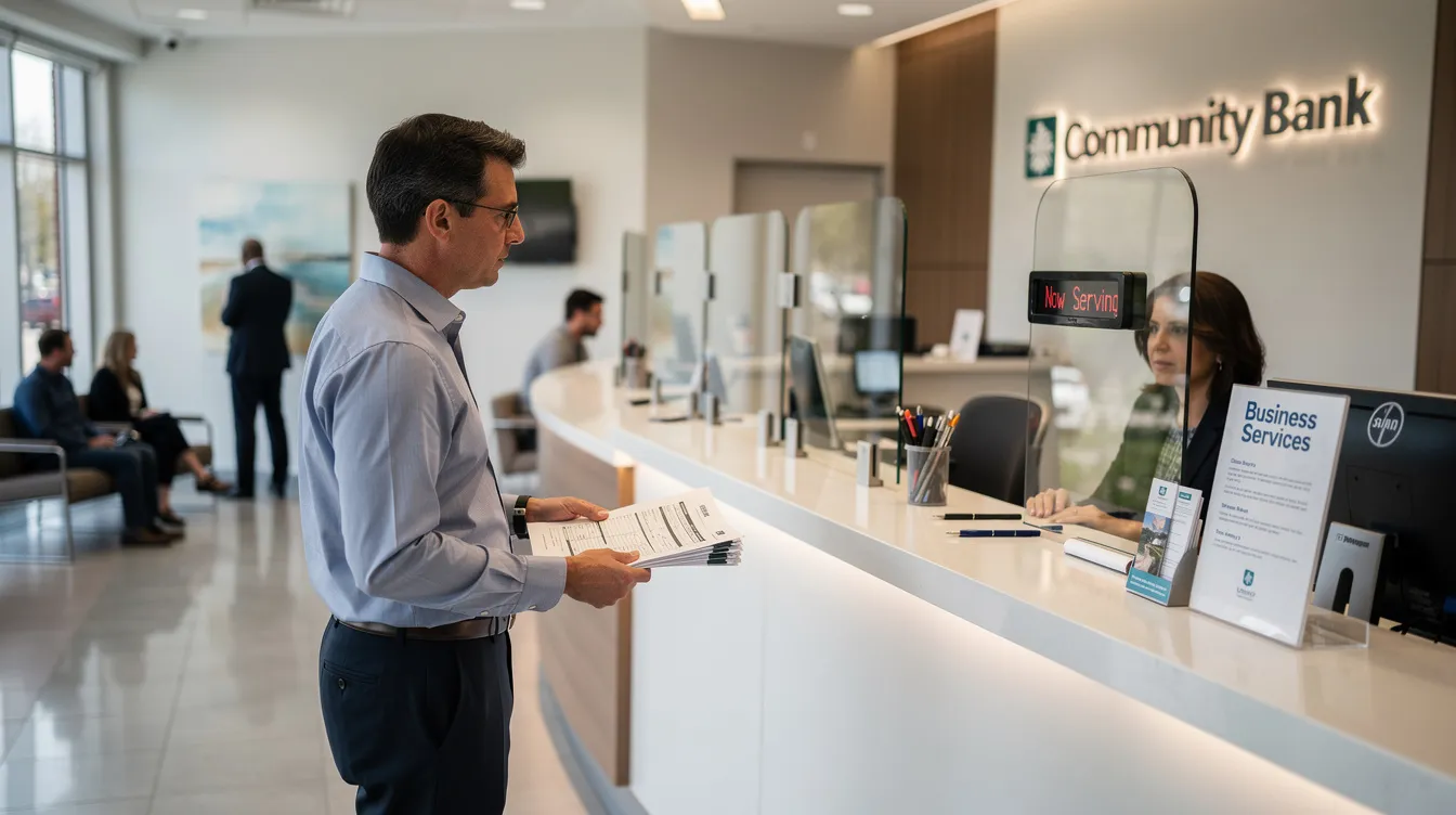 A small business owner stands at a bank counter, holding documents related to their business registration and previous loans. They are likely seeking financial assistance through a mudra loan to support their micro enterprise, demonstrating their satisfactory credit track record and readiness for the next phase of their business journey.
