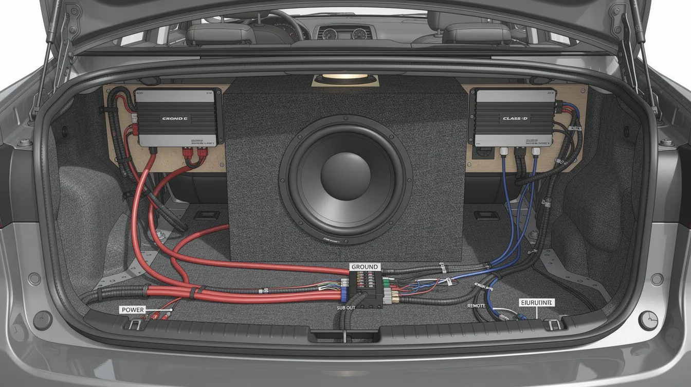 The image shows a subwoofer enclosure and amplifier wiring neatly arranged inside a car trunk, featuring various connections such as power wires, speaker wires, and ground wires. The setup is designed for optimal car audio performance, with components like the head unit and gain control visible, ensuring everything is securely connected to avoid going into protection mode.